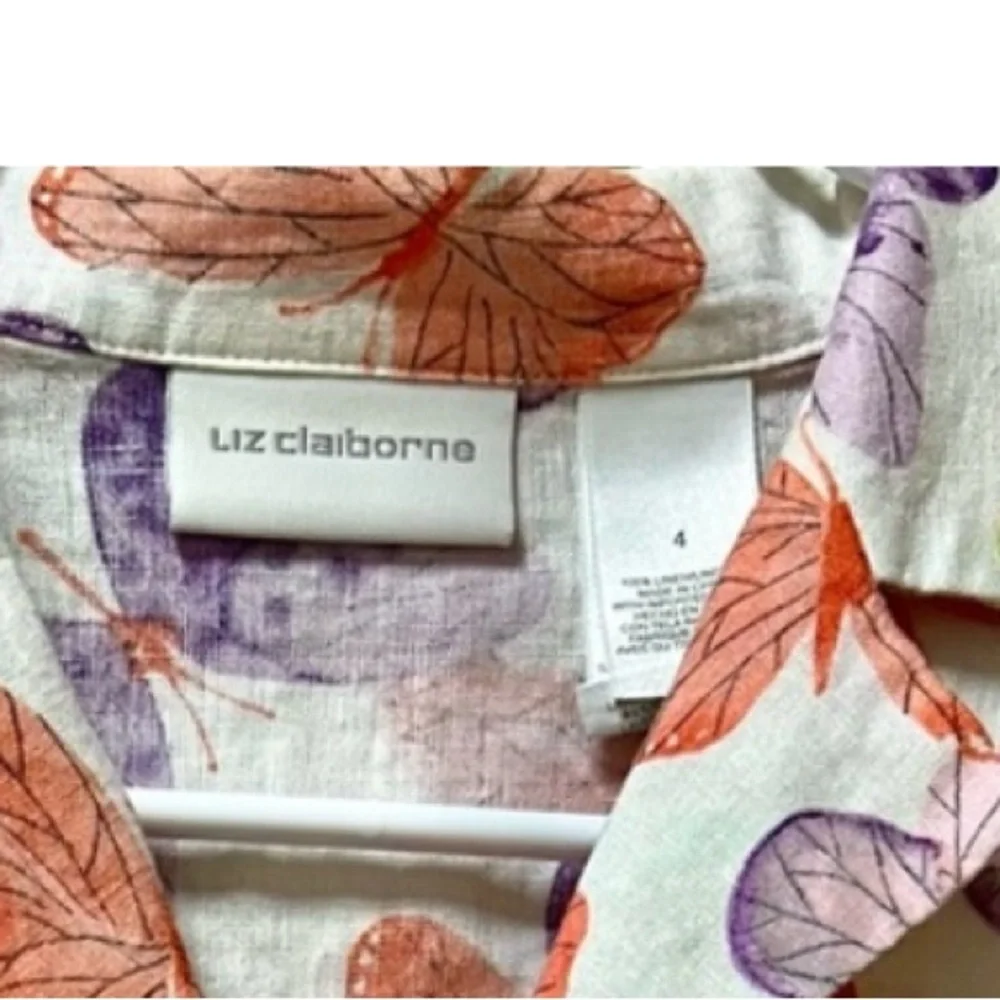 Liz Claiborne Vintage Butterfly Print Button-Up Linen Peplum Blouse - Size 4 - Picture 4 of 4